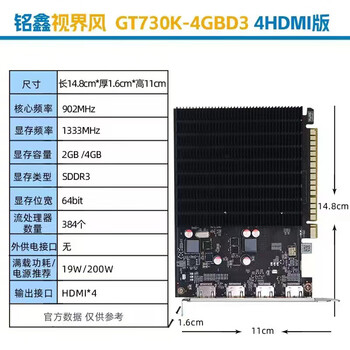 铭鑫（MINGXIN）GT730K-4GBD3独显 办公娱乐工控医疗 多屏显卡系列 4屏显卡4HDMI接口 视界风GT730K-4GBD3 4HDMI版