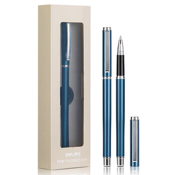 得力（deli）0.5mm中性笔金属会议签字笔 附笔盒深空蓝33588