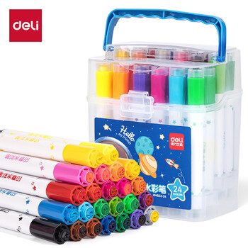 得力（deli）24色可水洗印章头学生水彩笔儿童绘画笔可手提绘画涂鸦女孩（蓝）HM653-24水彩笔