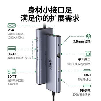 绿联 CM498 Type-C扩展适用苹果MacBook 电脑USB-C转HDMI/VGA转 【10合1】HDMI(60hz)+千兆网 25043