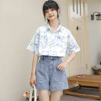 皮尔卡丹短袖衬衫女装2024新款学生卡通猫咪印花宽松甜美风夏季薄款