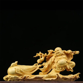 A23143 黄楊 無銘 木彫 布袋 蓋物 144g