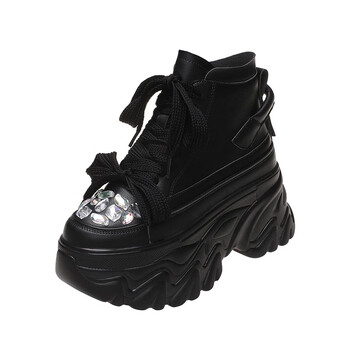老爹鞋女2023秋冬新款超高跟高帮水钻增高加绒百搭松糕鞋黑色绒里37