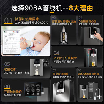美的壁挂管线机家用速热一体全通量饮水机即热式挂墙线管机净水器伴侣 六档控温 智能触控MG908A-R