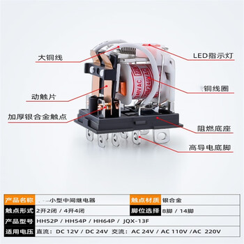 凯元达 中间继电器交流大功率电流小型底座HH64P/大14交流/AC 220V银合金（2个）