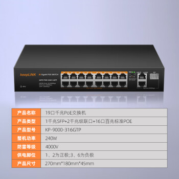 keepLINKKP-9000-316GTP 16口百兆POE+2千兆级联+1千兆SFP交换机AI智能监控摄像头分离器交换器240W