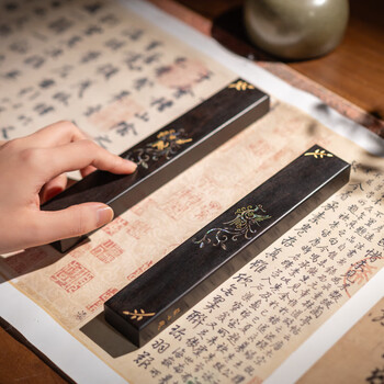 張小鳳镇尺纸镇纸文房四宝紫光檀螺钿工艺镇尺毛笔架宣纸书法用具创意摆件节日送礼 梧凤之鸣一对装