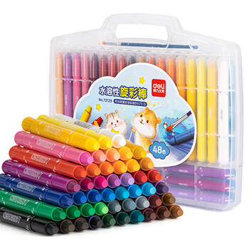 得力（deli）48色水溶性旋彩笔油画棒追星鼠系列彩绘可水洗儿童蜡笔72129_PP盒装(48色/盒)