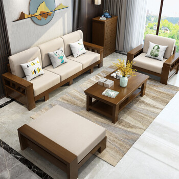 新中式实木沙发简约现代木转角布艺沙发组合客厅家具小户型经济型