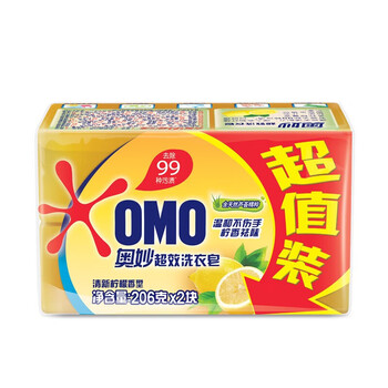 奥妙（OMO） 清新柠檬超效洗衣皂(2X206G)*2组+洗衣液400G*2袋+起泡网*2个