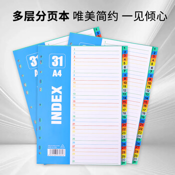 Touch Fish A4彩色纸质分页纸12页11孔索引纸彩色隔页纸12色分类纸隔页纸 有孔12色分页纸