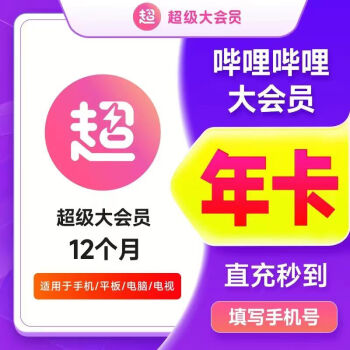 哔哩哔哩大会员一年 bilibili B站一年大会员1年 12个月 一次到账1年（支持电视）