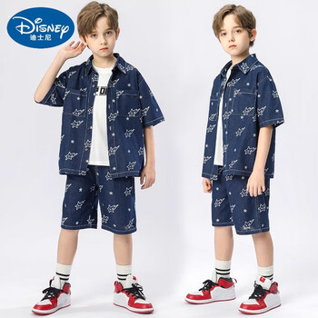 男童夏装短袖短裤套装24夏中大童薄款新款儿童衬衫牛仔套装 夏季闪电