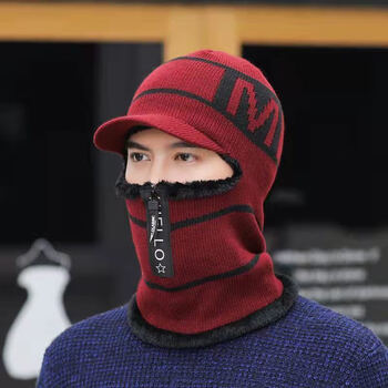 咖德诺男士帽子全包加绒加厚针织毛线帽拉链帽檐冬季户外帽子两件套m