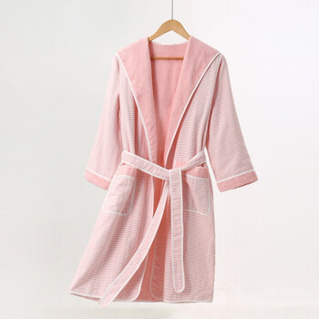 金号纯棉纱布毛巾料浴袍浴衣成人情侣柔软舒适透气全棉男女家居服粉红