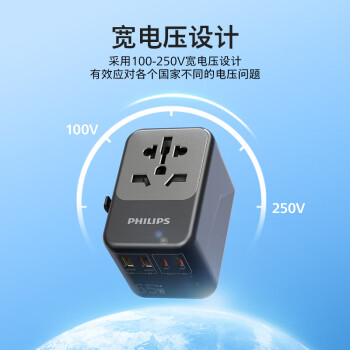 飞利浦（PHILIPS）PD65W快充出国转换插头/多国通用旅行插座转换器/英欧美澳标日本韩国新加坡适用/2A2C充电 1008B