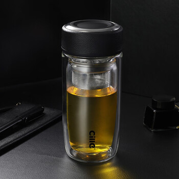 希乐玻璃杯双层玻璃水杯高颜值男士商务办公茶水分离杯便携泡茶杯子