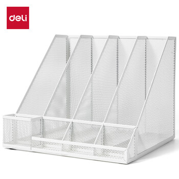 得力（deli）四联带笔筒收纳一体式文件框 办公室桌面多层资料架子 网状镂空文件架 白色78988