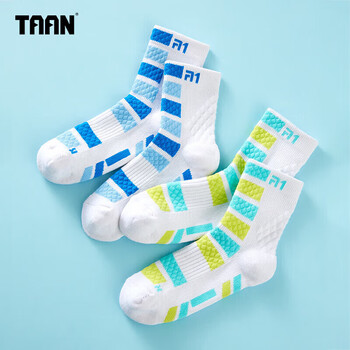 Taan泰昂儿童羽毛球运动袜加厚毛巾底棉袜T609 白绿白橙2双装