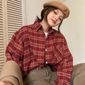 慕林挽盐系长袖磨毛翻领格子衬衫女秋冬新款韩版宽松百搭别致上衣红色