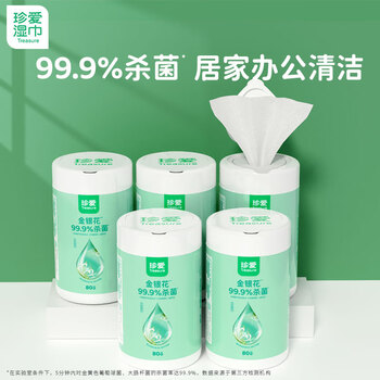 珍爱卫生湿巾 杀菌清洁口手肌肤 家用办公湿纸巾80抽*5桶