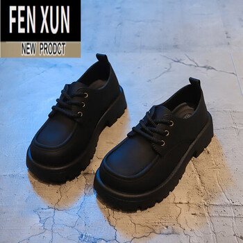 风浔英伦风小皮鞋女2024年春季新款系带厚底乐福鞋圆头学院单鞋子黑色