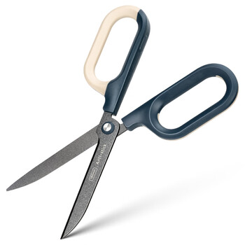 得力（deli）大号弧形特氟龙省力剪刀 德国创意设计特氟龙防粘胶复古色系双拼色设计  蓝色QG157