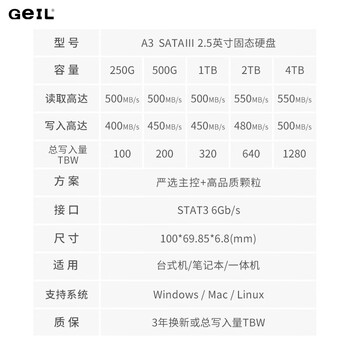 GEIL金邦 2TB SSD固态硬盘 SATA3.0接口 台式机笔记本通用 高速550MB/S A3系列 电脑升级核心组件 GEIL金邦 2TB SSD固态硬盘 SATA3.0接口 台式机笔记本通用 高速550MB/S A3系列 电脑升级核心组件