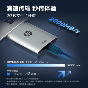 惠普（HP）2TB 战移动固态硬盘 2000MB/s高性能读写Type-C便携差旅高速传输 外接手机直连迷你硬盘 黑色