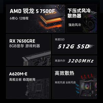 AMD龙神 锐龙R5-7500F/RX7650GRE 8G/16G DDR5/500G SSD 电竞游戏设计师台式电脑主机整机