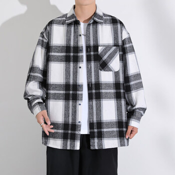 优衣官方店休闲格子衬衫男士春秋季港风衬衣外套长袖宽松黑白格m