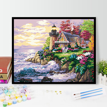 油彩画　海　小屋 数字油画海边别墅品牌及商品- 京东