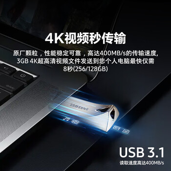 三星（SAMSUNG）256GB USB3.1 U盘 BAR 学习办公金属高速优盘 车载U盘 读速400MB/s（Gen 1）香槟银 适用哨兵模式