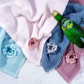 金号毛巾 3A抗菌纯棉擦手巾挂式毛巾大方巾4条 挂绳抹手巾红/蓝/紫/灰