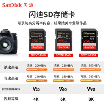 闪迪（SanDisk）256GB SD内存卡 V90 8K/4K U3 C10 高速相机存储卡 读速300MB/s 写速260MB/s 影院级高清拍摄