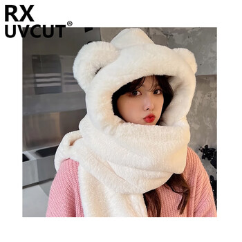 2023新款可爱小熊帽子围巾一体女冬韩版保暖防寒加厚套装 米白色三