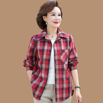 春季外套格子新款中老年妇女春装洋气休闲衬衫上衣中年人红格xl90105