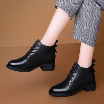 牛皮鞋女真皮单鞋2022秋冬季新款女鞋子时尚黑色粗跟加绒短靴女士休闲