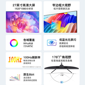 酷开创维酷开27英寸100Hz专业办公IPS硬屏显示器三窄边低蓝光可壁挂电竞游戏高清电脑显示屏CMF1 PLUS