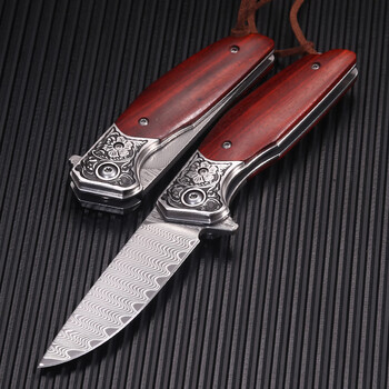 户外防身折叠刀高硬度锋利刀钢大马士折刀登山野营荒野求生装备刀