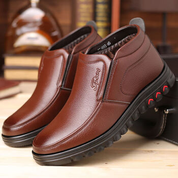 红蜻蜓冬季棉鞋男士真皮加绒加厚保暖高帮防滑防臭中老年人棉皮鞋爸爸