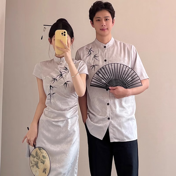 婵栩情侣装夏季一男一女套装裙子新中式国风情侣装夏季旗袍连衣裙套装