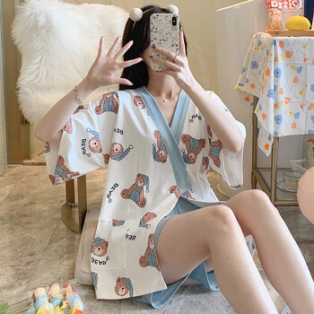 和服睡衣女夏季可爱日式纯棉纱布短袖家居服汗蒸服女薄款浴衣套装kmnh