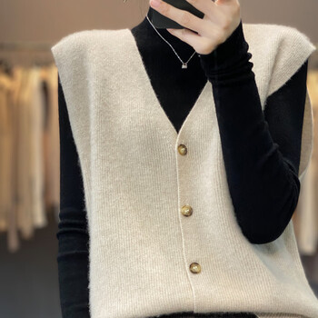 惊鄂尔多斯蒂芬羊毛衫女100纯羊毛针织衫v领开衫马甲宽松打底无袖坎肩