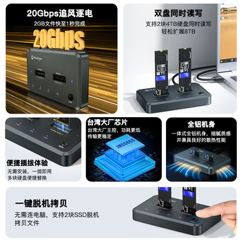 迷虎M.2 NVMe硬盘盒 M2双盘位硬盘底座 一键脱机对拷贝 外接Type-C固态移动硬盘外置盒 Q2N