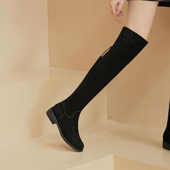 艾上他她长筒靴女冬加绒过膝不掉筒显瘦侧拉链高筒靴黑色磨砂卡其长