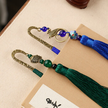 漢墨 复古风中国风铜艺书签 古典流苏绿花鲤鱼书签创意 礼物金属礼盒装