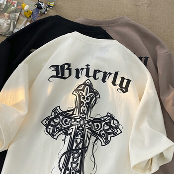 婉芹十字架短袖男夏季复古美式潮牌t恤宽松重磅半袖潮流国潮高街衣服