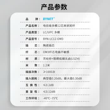 BYNET比洋在线 电信级OM3多模光纤跳线尾纤带双接头 12芯LC束状尾纤 ODF单元体光纤1.2米 