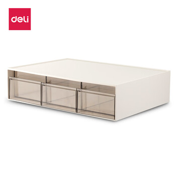 得力一层三格桌面收纳盒 抽屉式办公室书桌用品文具文件分类多层储物盒 防尘盒 白色PK106